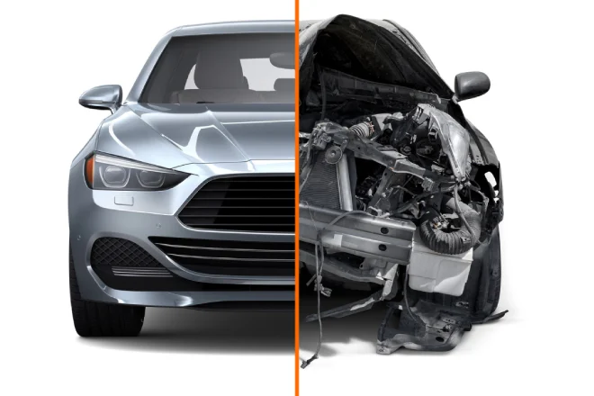Crashed car and intact car split graphic.