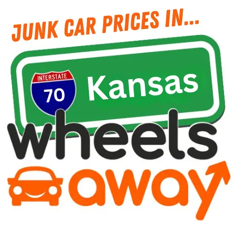 wheelsaway logo imposed on kansas road sign with junk car prices text above it