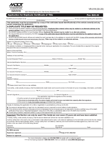Maryland Form VR-018
