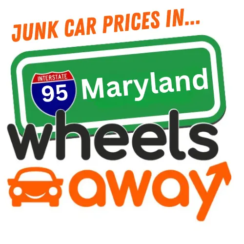 junk car prices in maryland graphic showing wheelsaway logo imposed on maryland road sign