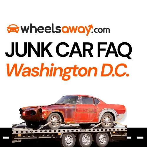 Junk car FAQ graphic for Washington D.C. showing old car being towed