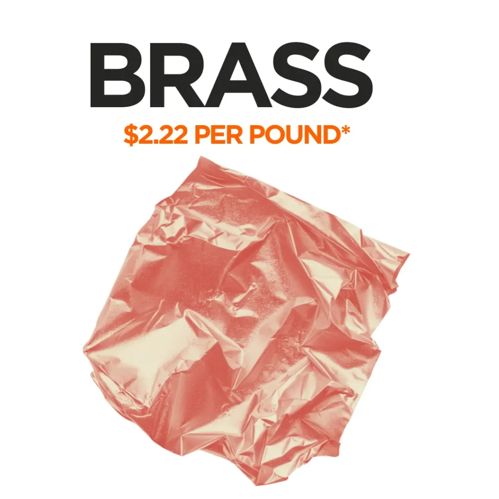 picture showing a pile of peach-tinted brass with the price of $2.22 per pound displayed on the copy