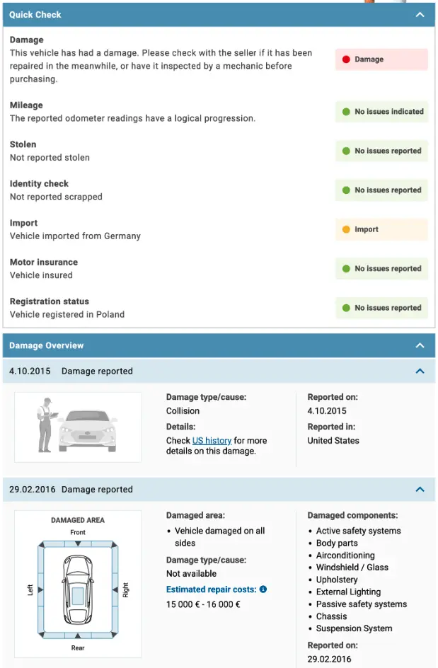 Example vehicle history report from Carfax showing a damage overview of the vehicle. 