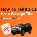 "how to tell if a car has a salvage title" written in black and white above a black SUV, next to a set of a keys with a picture of a salvage title with a cross on it