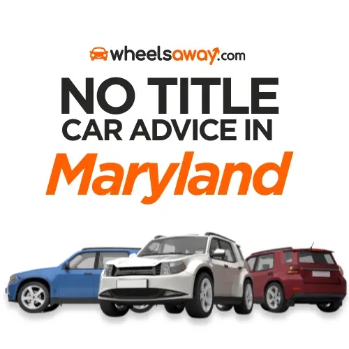 three SUVs parked beneath black and orange text that says 'no title car advice in maryland'