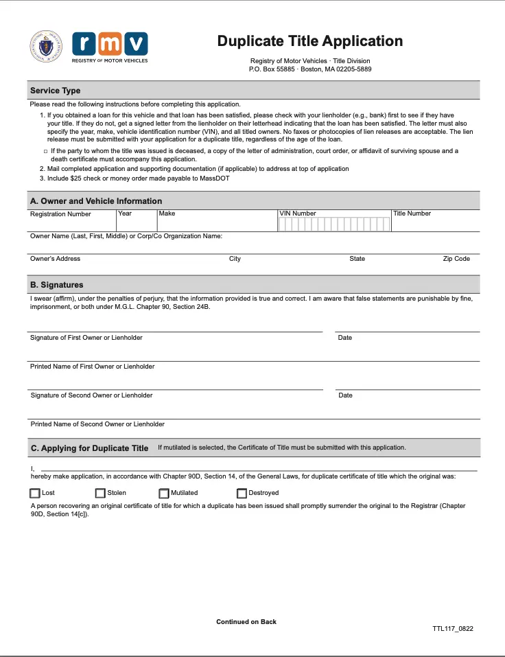 duplicate title application form massachusetts
