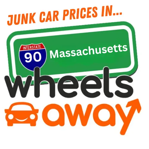 junk car prices in massachusetts graphic showing wheelsaway logo imposed on massachusetts road sign