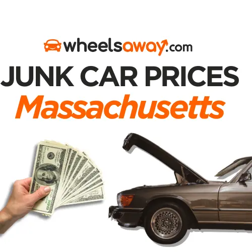 junk car prices in massachusetts graphic showing person holding a stack of dollars and an old car with the hood popped in the background