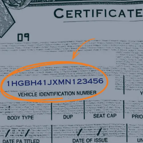 Example certificate of title showing fictional VIN number, circled with arrow pointing to its location