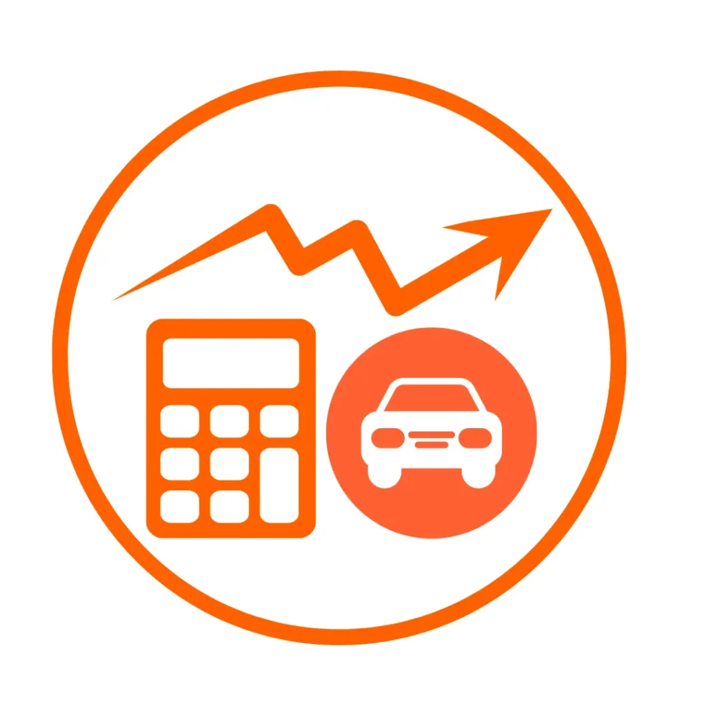 graphic showing an orange calculator, the outline of a car and a an arrow on an upwards trend