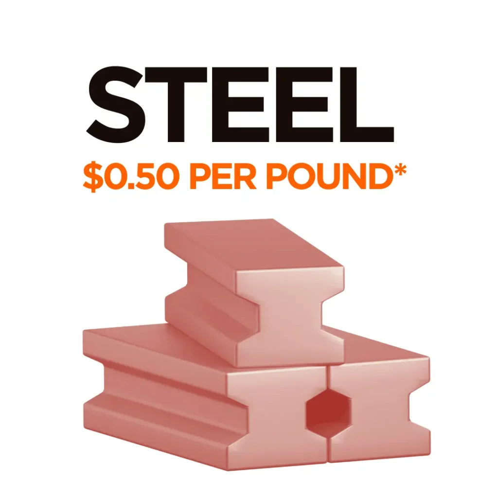 picture showing a pile of peach-tinted steel with the price of $0.50 per pound displayed on the copy