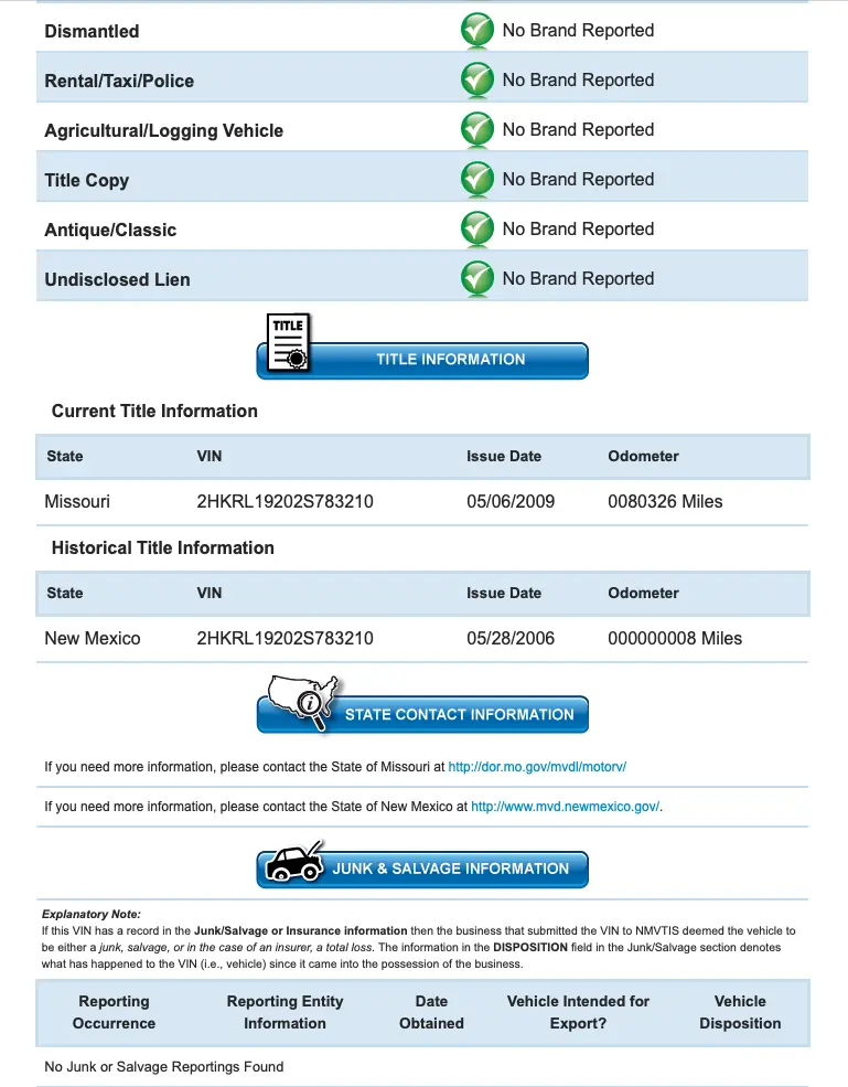 A section of an NMVTIS report from Auto Data Direct, a registered NMVTIS provider.