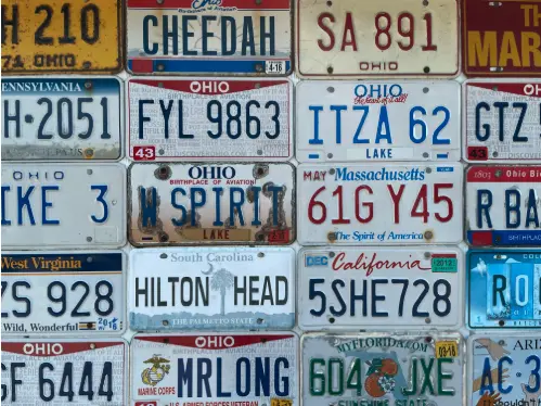 wall of state branded license plates 