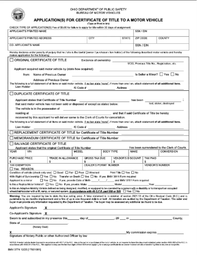 Ohio BMV form 3774