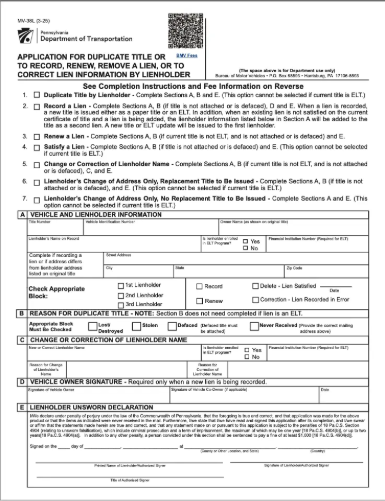 MV-38L form pennsylvania