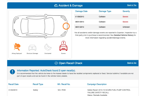 vehicle history report - example from autocheck by Experian