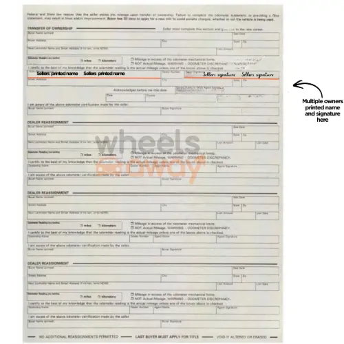 picture of arizona car title with signatures and names of multiple sellers