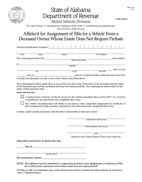Picture of Alabama Affidavit (Form MVT 5-6)
