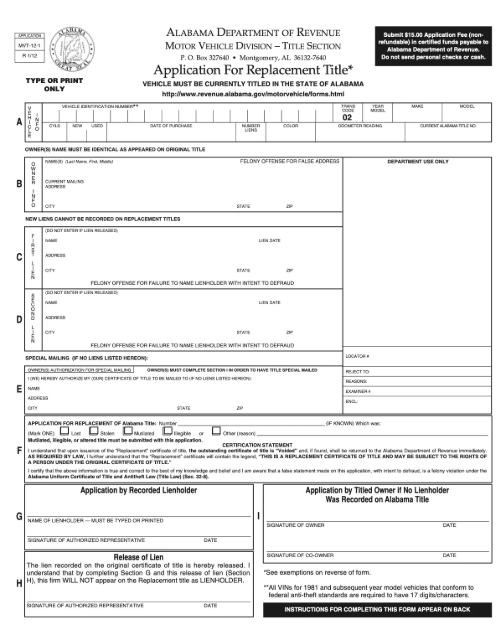 Application for replacement title Alabama form