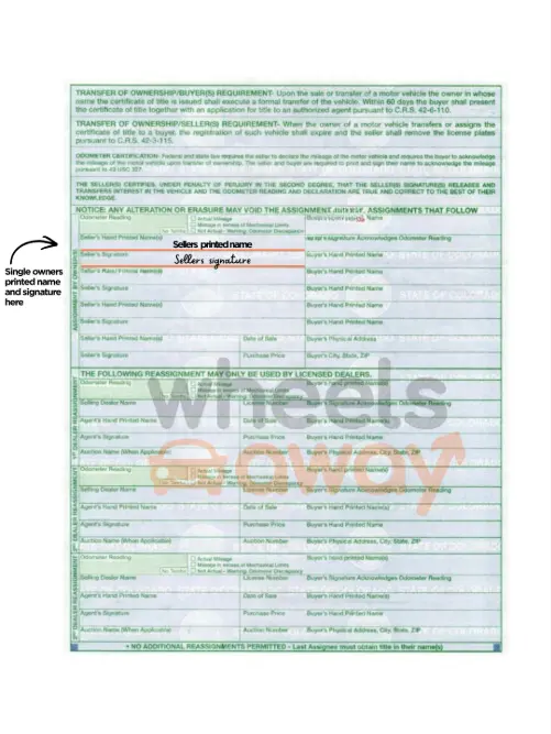 Colorado car title with single owner signing instructions
