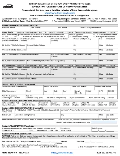 Image of Florida Form 82040 - replacement or duplicate title
