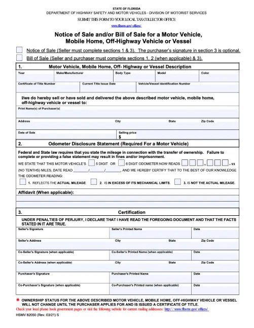 Florida Form 82050 (Notification of Sale)