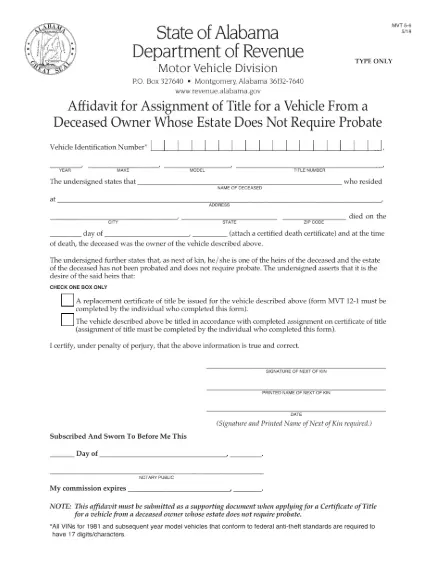 Picture of alabama affidavit for assignment of title
