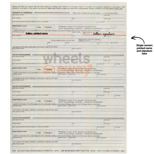 picture of arizona title with placement of sellers printed name and signature
