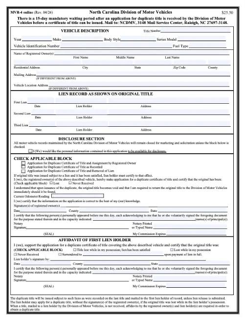 North Carolina Form MVR-4-NC