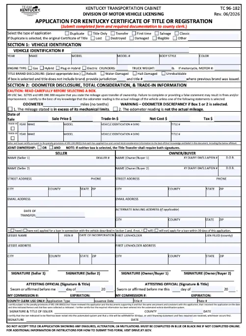 Image of Kentucky Form TC 96-182