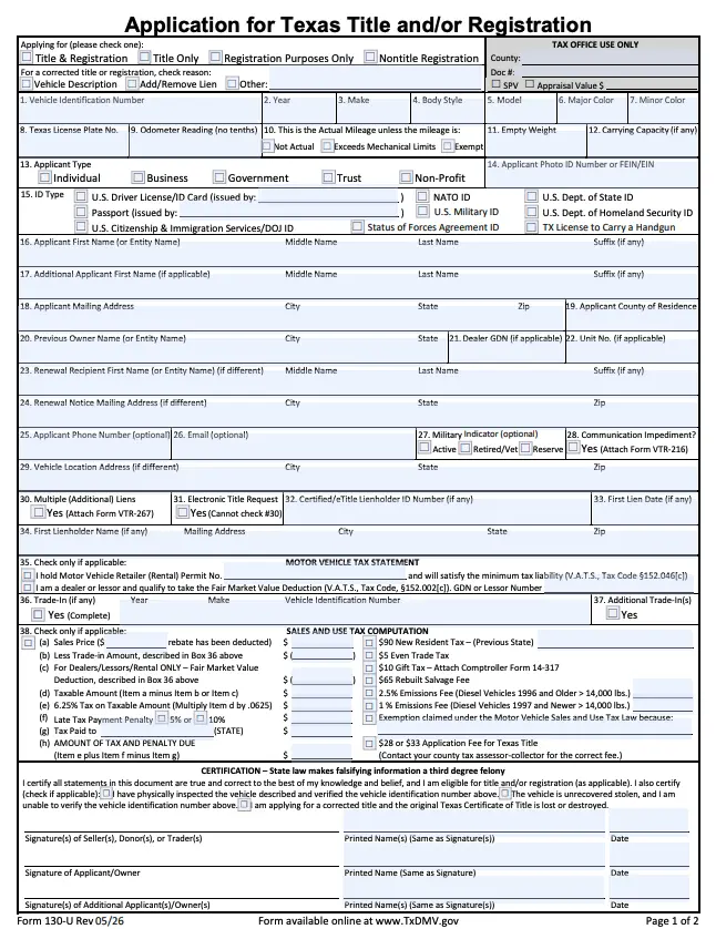 Picture of Texas Form 130-U