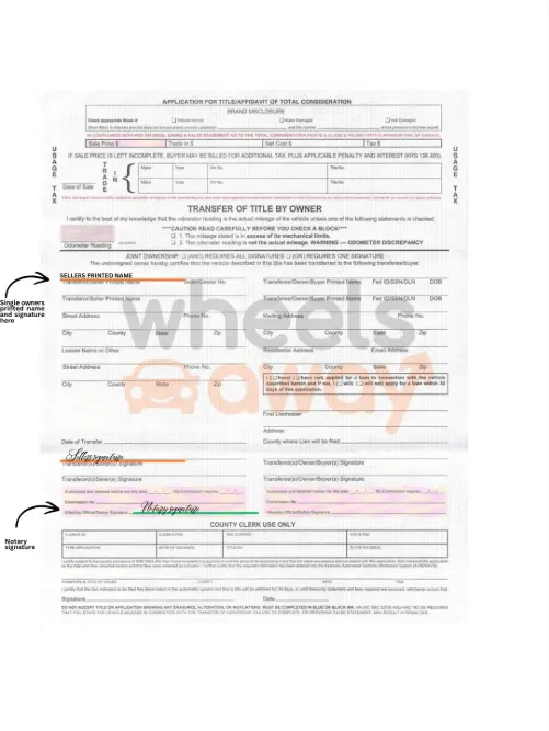 Kentucky single owners signing instructions on car title 