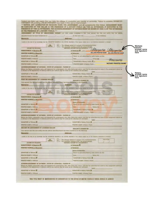 Signed Louisiana car title with multiple owners names and signatures and notary signature