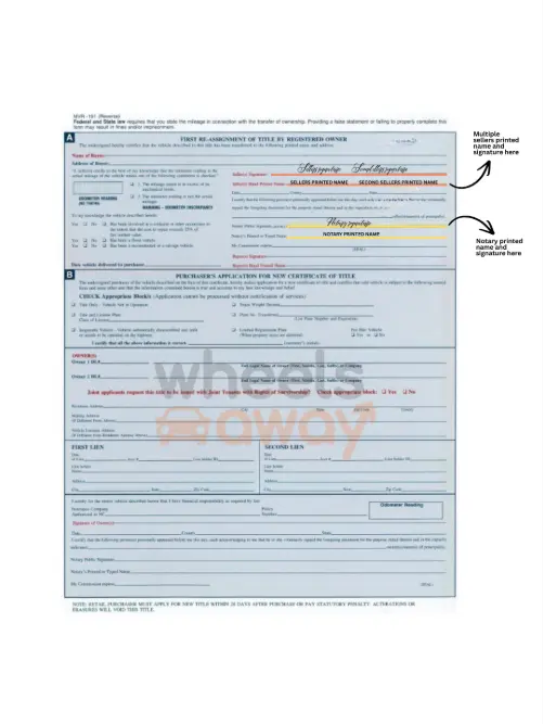 North Carolina car title with multiple owners signatures and notary signature