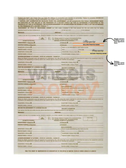 Signed Louisiana car title with single owners and notary signature and printed name