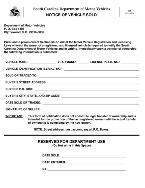SCDMV Notice of Vehicle Sold