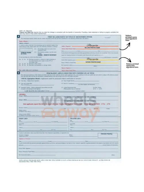North Carolina car title with single owner instructions and notary signature