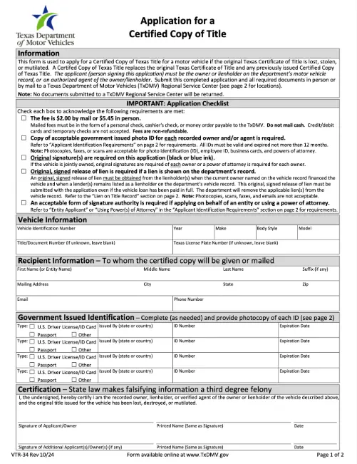 Picture of Texas Form VTR-34 replacement title