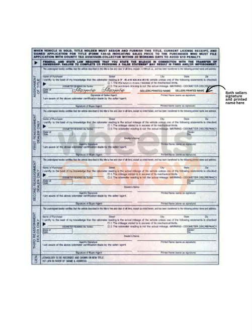 back of texas car title with multiple owners names and signature signing instructions
