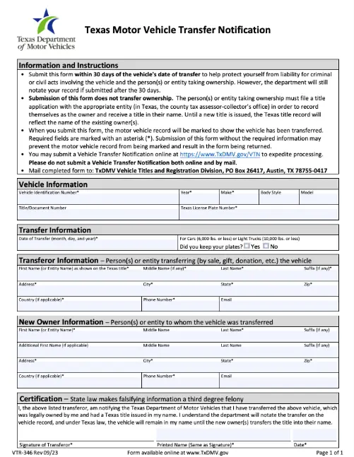 Texas Motor Vehicle Transfer Notification Form