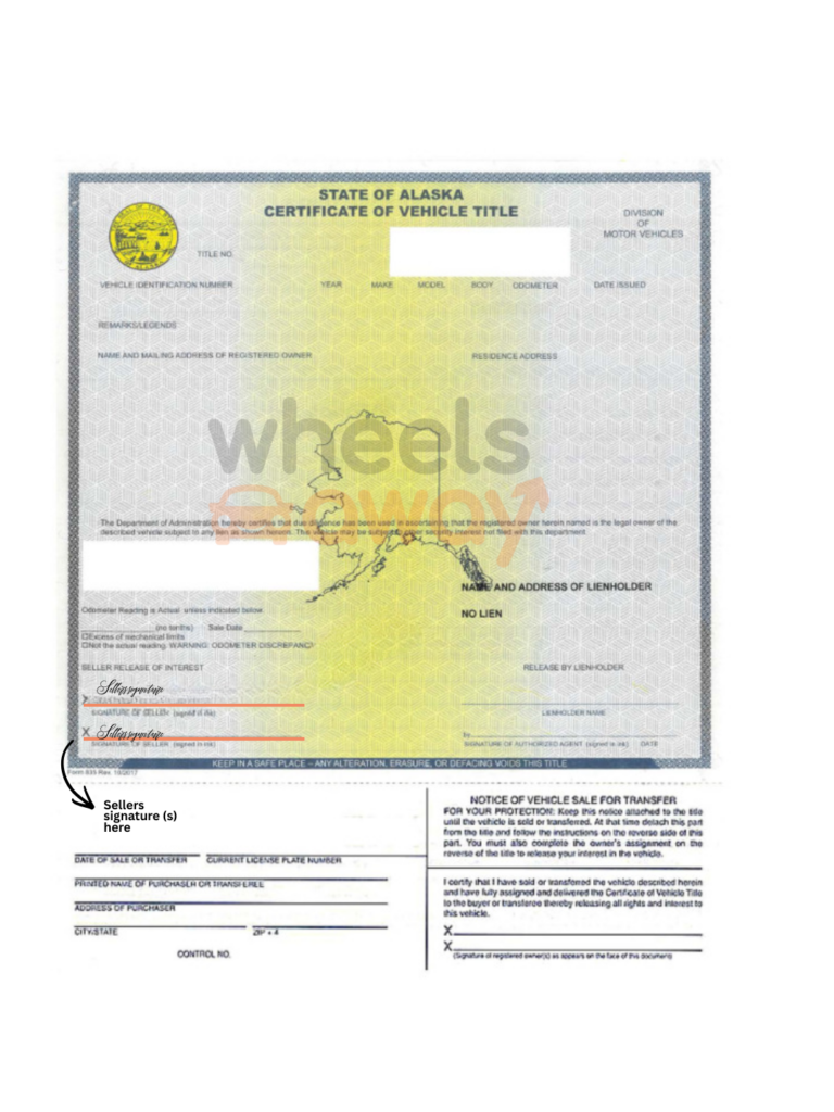 picture of signed alaska car title with sellers printed names and signatures