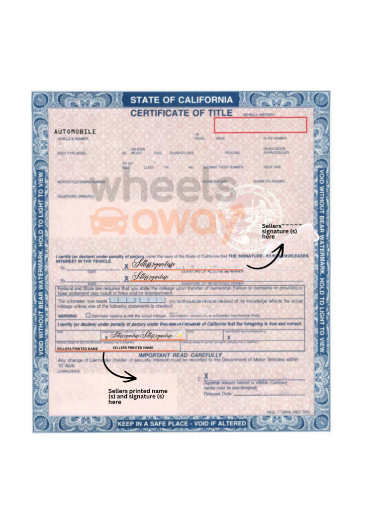 california car title with sellers printed name and signature