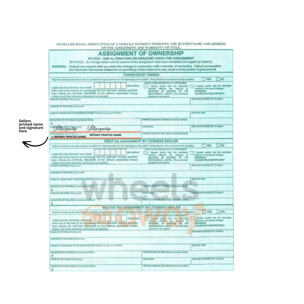 connecticut car title with sellers printed name and signature