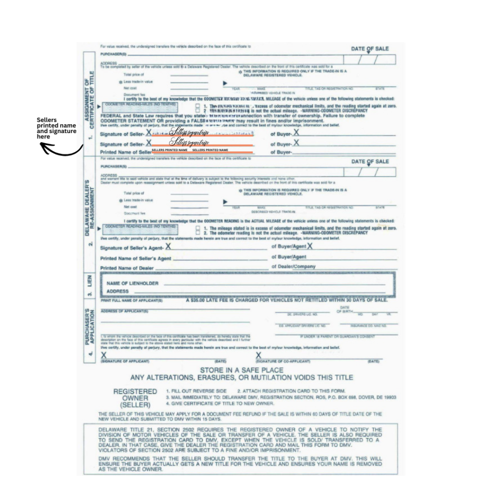 Delaware car title with sellers printed name and signature