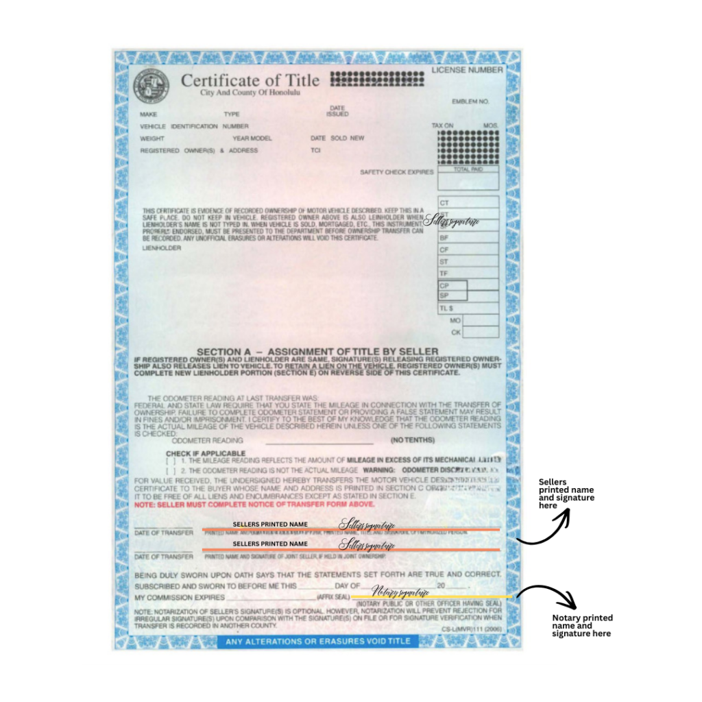 Hawaii car title with sellers printed name and signature
