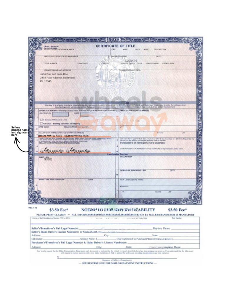 Idaho car title with sellers printed name and signature