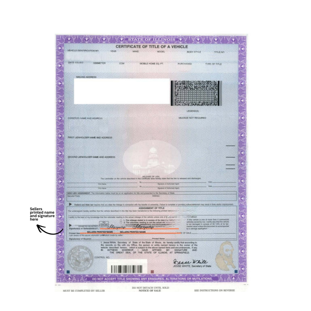 Illinois car title with sellers printed name and signature