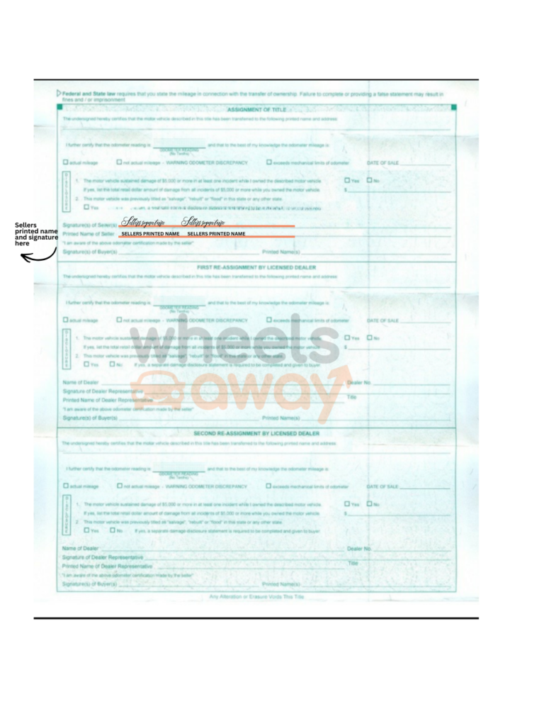 Iowa signed car title with sellers printed name and signature