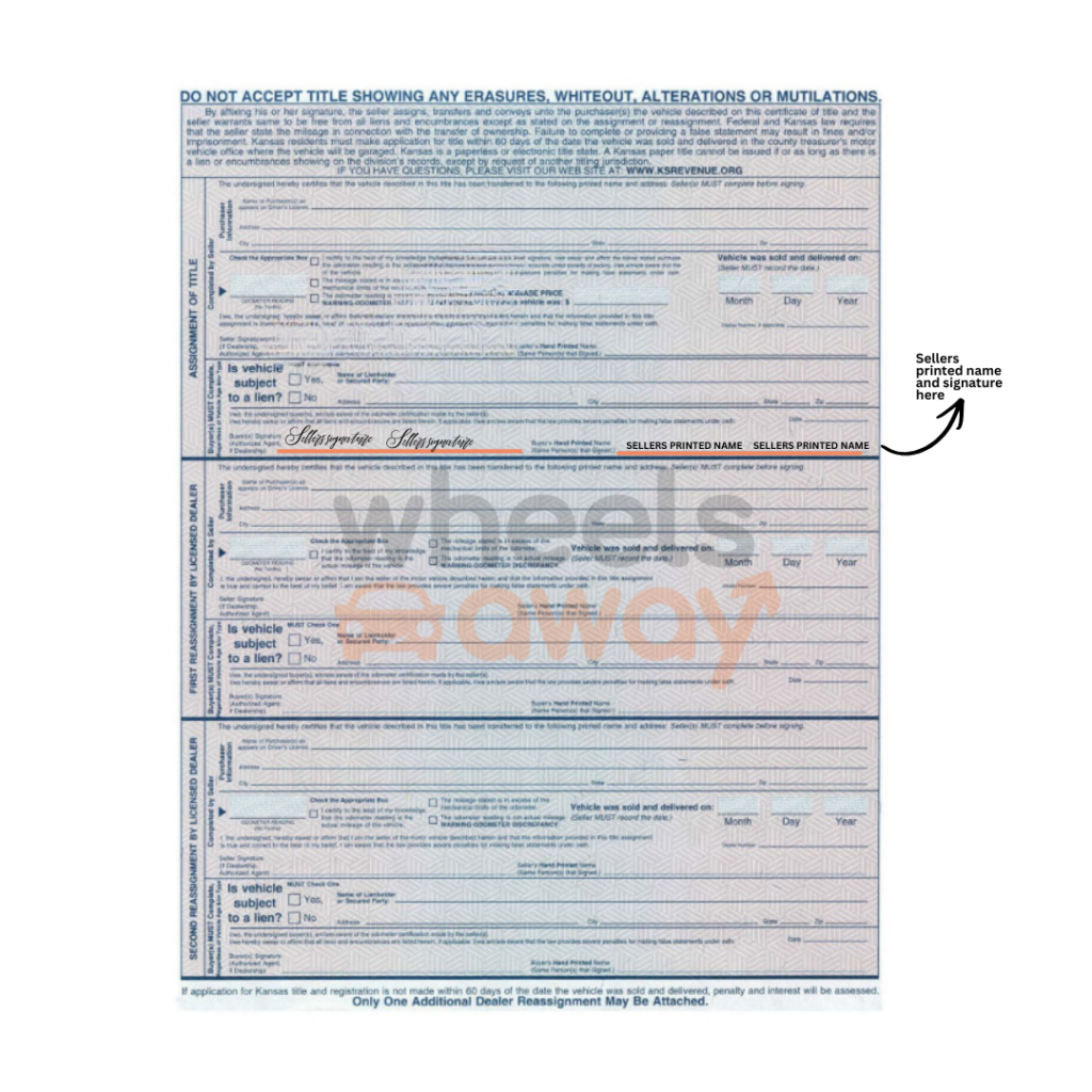 kansas car title with sellers printed name and signature