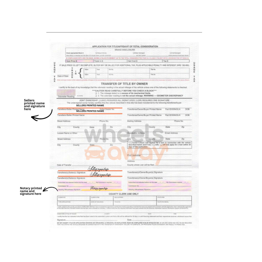 kentucky title with sellers printed name and signature